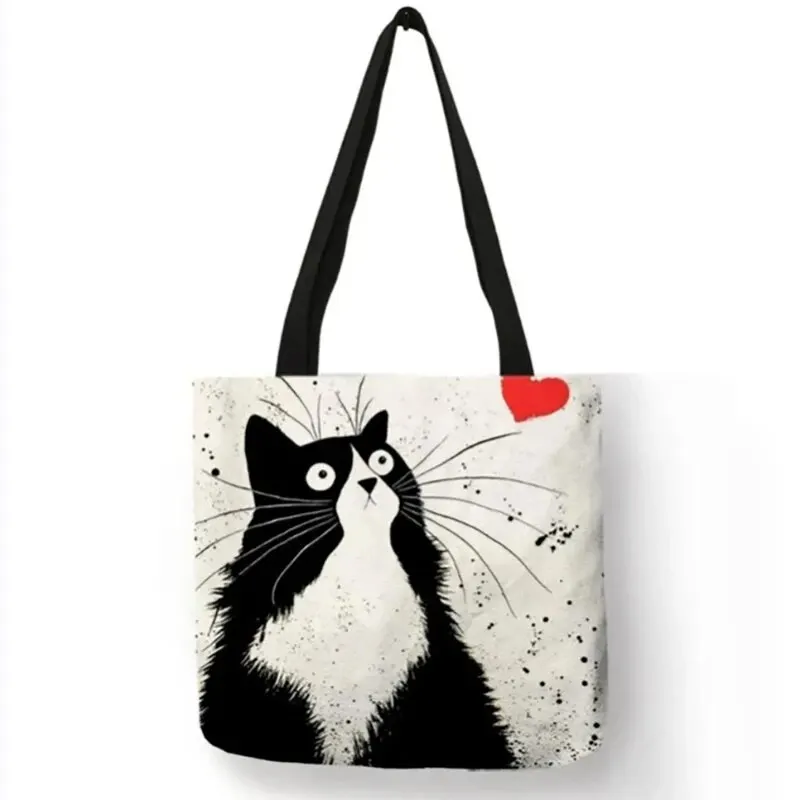 Bolsa de lona com impressão digital de alta definição, sacola de compras com padrão de gato, ecológica e portátil, bolsa de linho