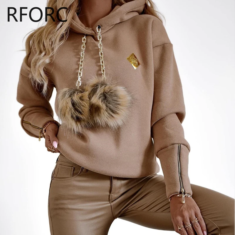 2023 mujeres cadena sólida con capucha plumas sudadera sólida Tops