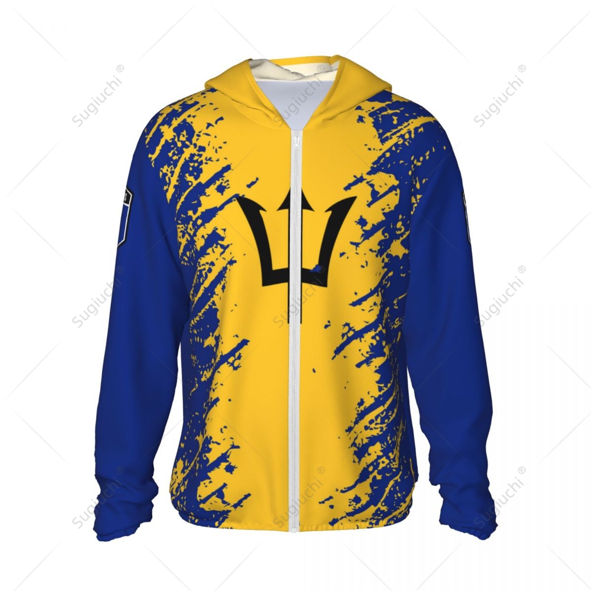 Hoodie de poliéster de manga comprida com zíper, roupas protetor solar, secagem rápida, proteção solar, pesca, ciclismo, corrida, bandeira de Barbados
