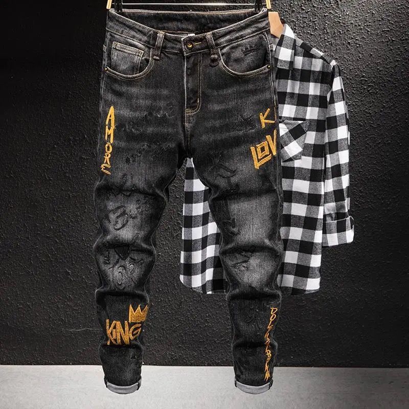 3D 자수 디자인 청바지와 봄과 가을을위한 패션 하이 엔드 한국 럭셔리 streetwear 펑크 캐주얼 슬림 피트 데님 청바지