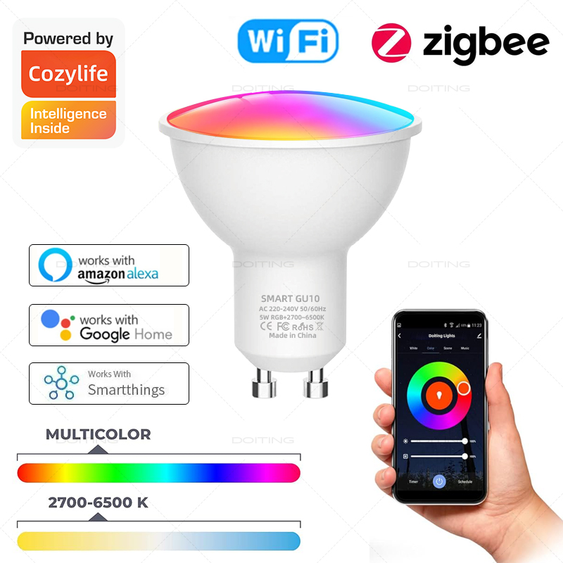Bombillas LED GU10 Zigbee, lámpara LED inteligente con Wifi, focos de luz LED RGBCW, funciona con Alexa Google Smartthings, Control por voz de 110V y 220V