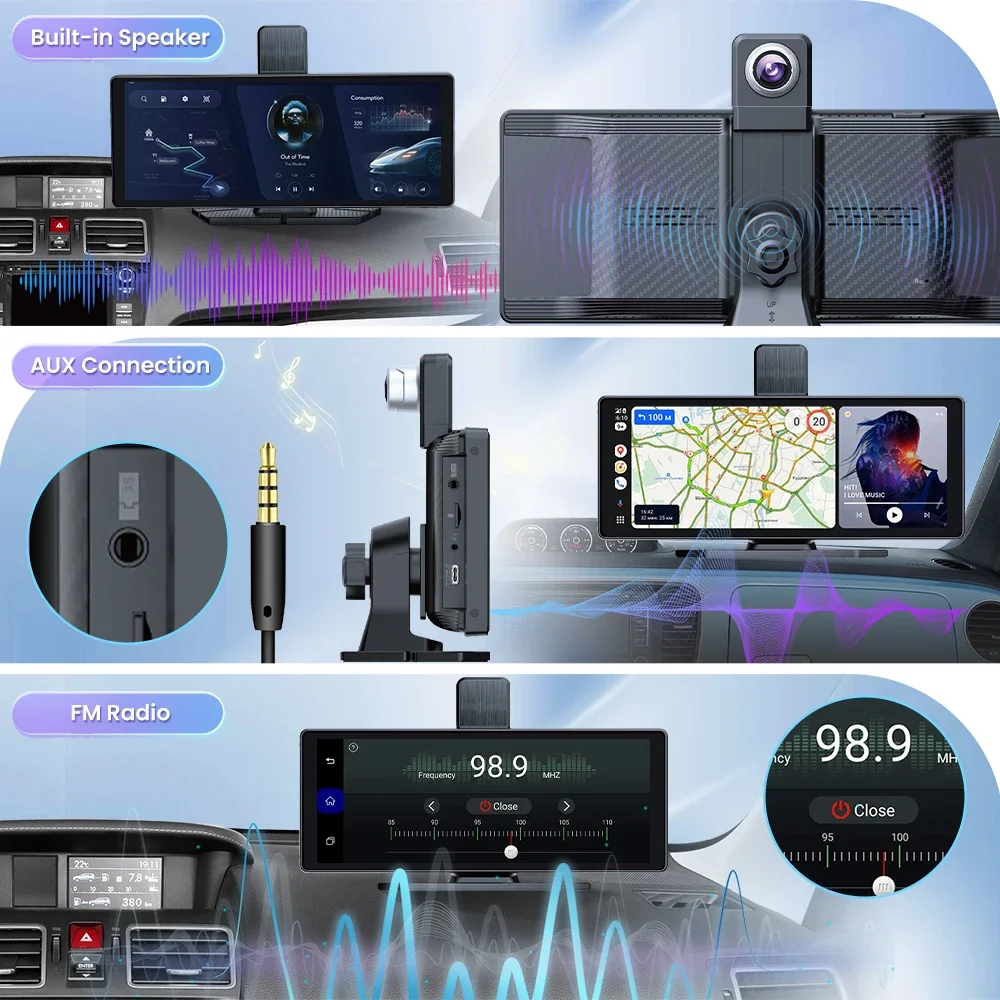 Aprilboy C4 4K 360 °   Cámara de salpicadero de rotación con pantalla inteligente de 10,26 "para coche, CarPlay inalámbrico y Android Auto AUX FM Bluetooth WIFI