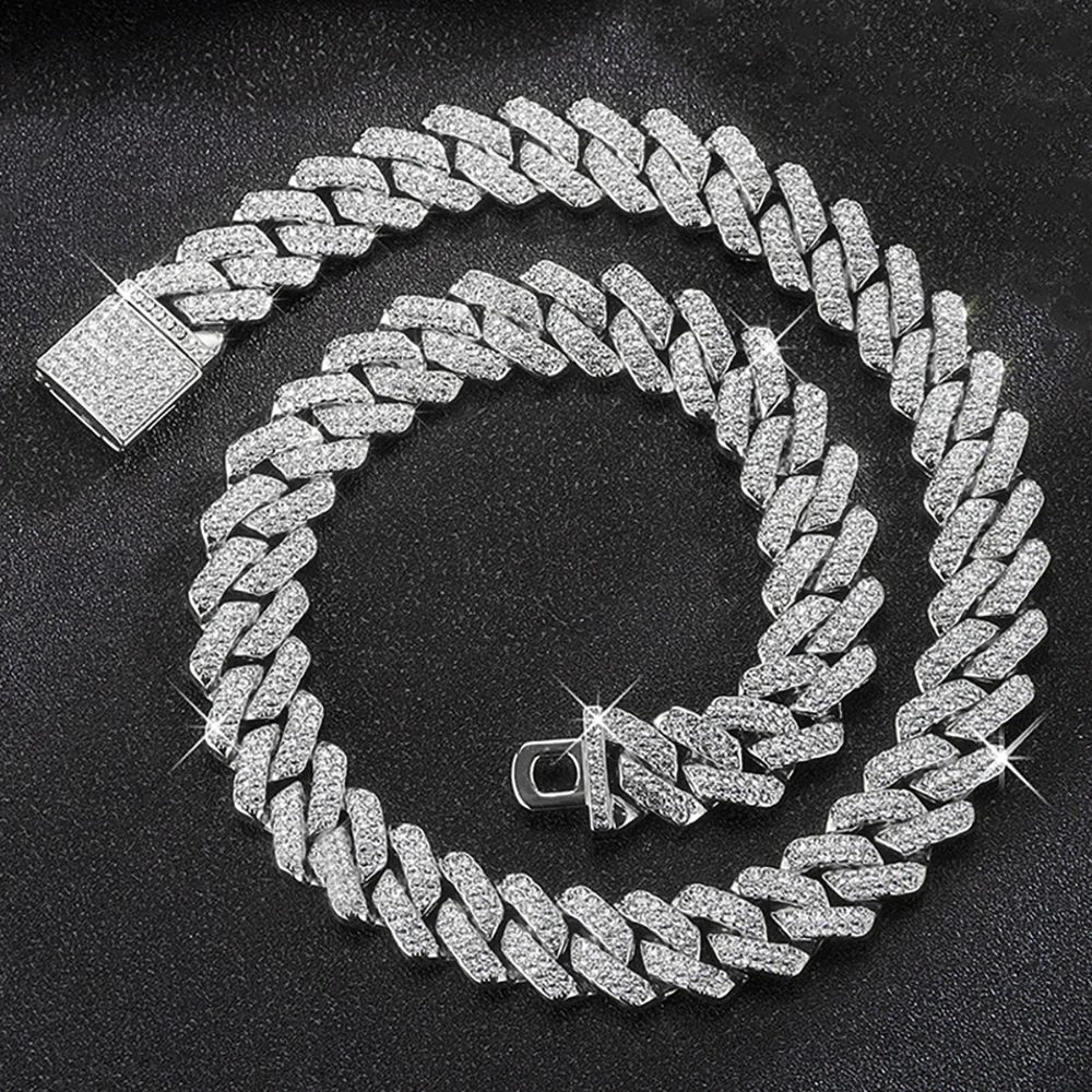 Collar de cadena de eslabones cubanos de 15MM brillante de Hip Hop para mujeres y hombres, cadena cubana helada con diamantes de imitación de Color plateado, collar de joyería Punk para regalo