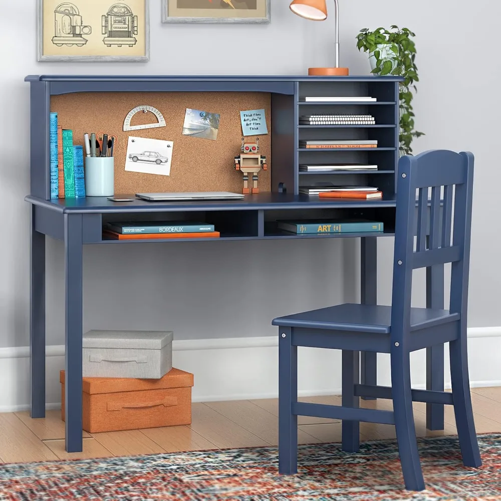 Kids Media Desk and Chair Set - White: Kids Writing Desk with Hutch and Storage Shelves, Computer Workstation with Corkboard
