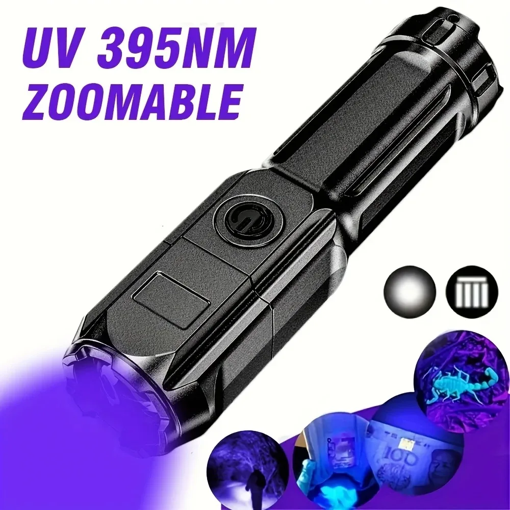 Linterna UV portátil UV 395NM linterna ABS con zoom 3 modos Camping linternas ultravioleta para detección fluorescente de pilas para mascotas