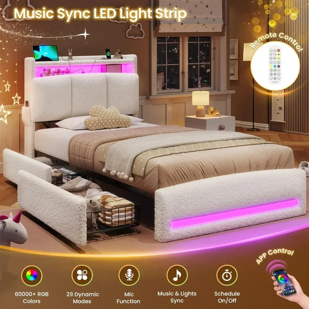 Twin Bed Frames with Storage Headboard and Charging Station,Boucle Upholstered Bed Frame Twin Size with 4 Drawers and LED Lights