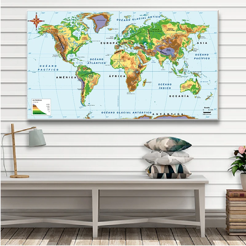 150 * 100 cm w języku hiszpańskim świata Orograficzna i podwyższająca mapa włóknina na płótnie Malarstwo ścienne Plakat Dekoracja biura domowego