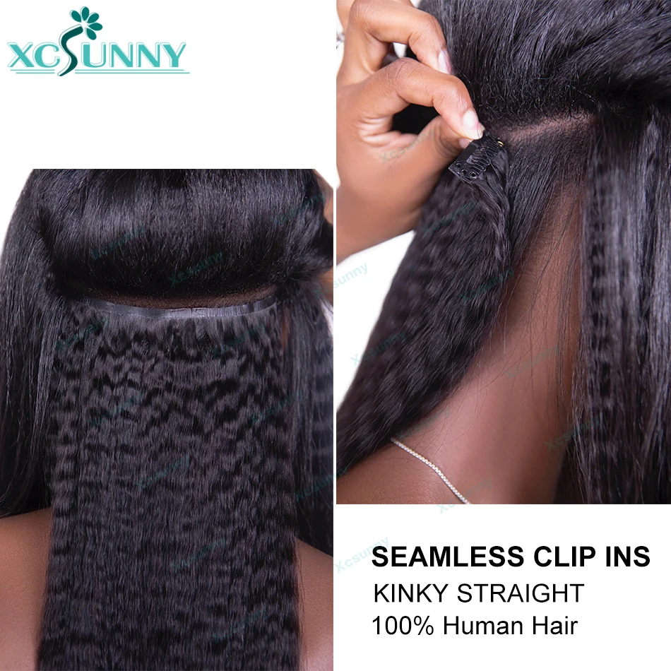 Clipe de plutônio sem costura em extensões de cabelo kinky em linha reta birmanês clássico trama clipe ins extensões de cabelo humano para preto