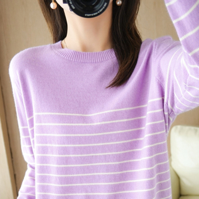 Suéter de punto 100% de algodón para mujer, suéter a rayas de colores a juego, cuello redondo, talla grande, temperamento suelto, parte inferior de manga larga