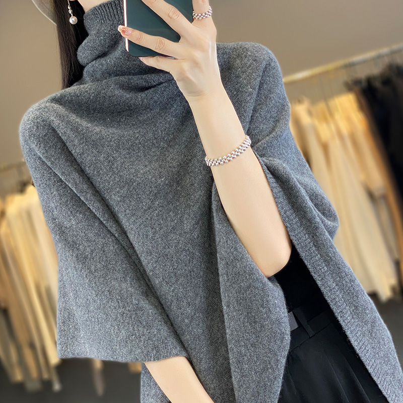 Spring Autumn High Quality Shawl Women's Medium to Long Korean Sleeveless Casual  Wool KnitHigh Neck Pullover CapeJacket
