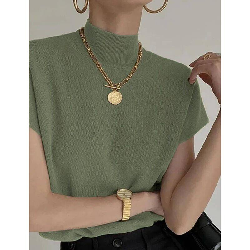 Mode Opstaande Kraag Slanke Vrouwen Gebreide Vest Losse Effen Elegante Rechte Tops Korte Mouw Kantoor Dame T-shirt Los Shirt