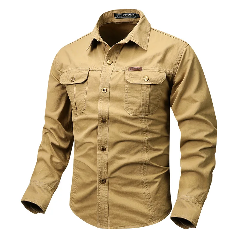 Camicia a maniche lunghe da uomo stile Cargo retrò con Design tascabile, camicia abbottonata casual da uomo per l'autunno primaverile Qutdoo
