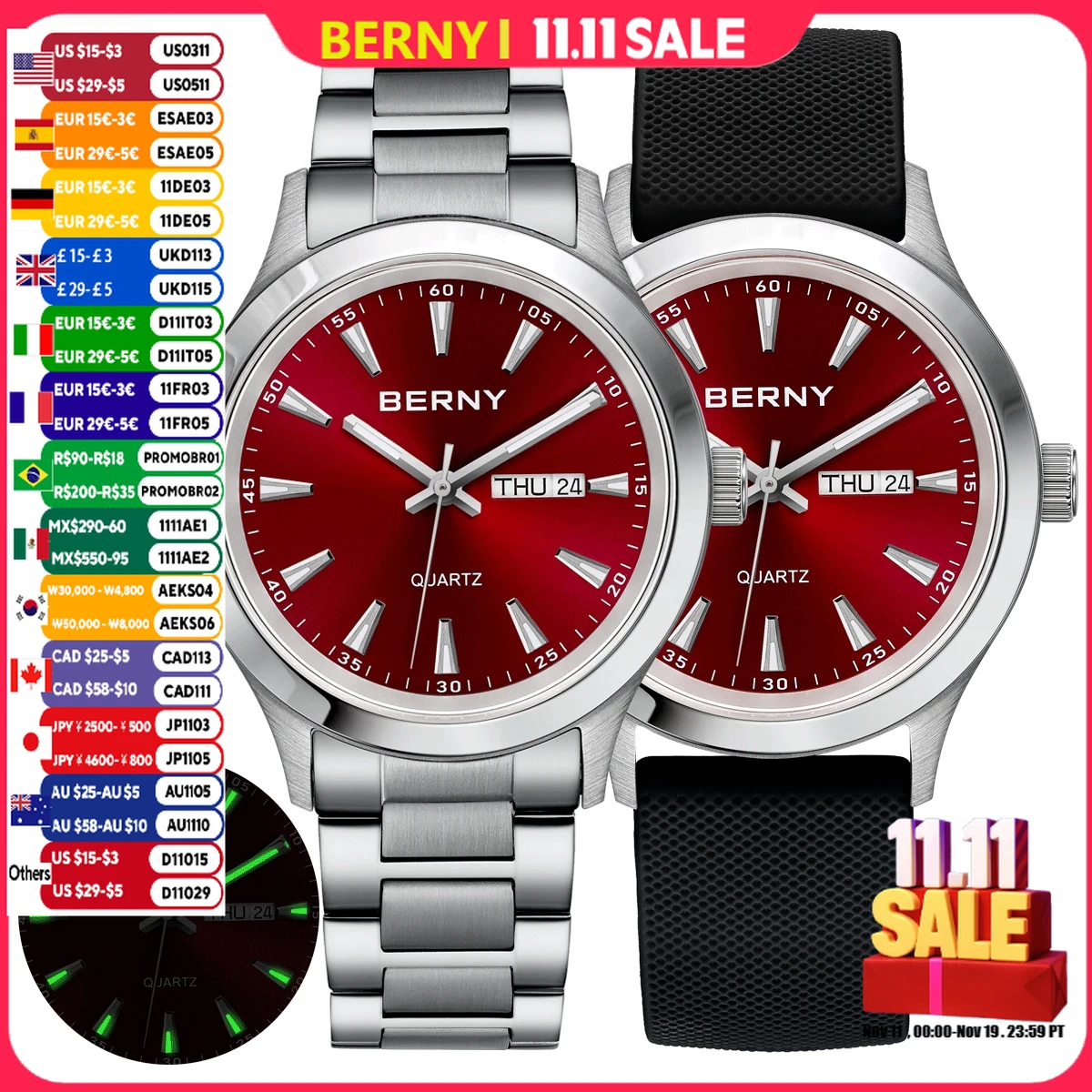 BERNY Мужские часы Светящийся календарь недели и даты Кварцевые часы для мужчин Мягкое силиконовое платье из нержавеющей стали Деловые наручные часы