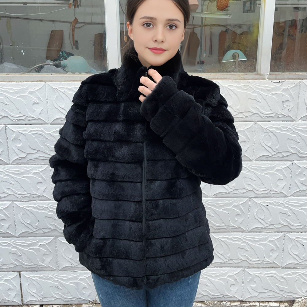 女性用ナチュラルレックスウサギ毛皮コート,本革ジャケット,婦人服,ラニアウター,黒,冬,2024