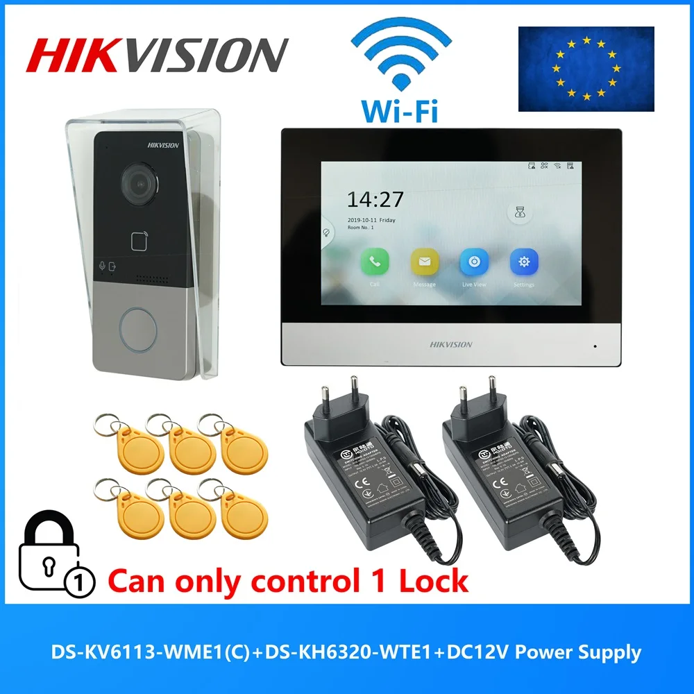 KIT de videoportero multilingüe HIKVISION DS-KIS603-P(C), incluye DS-KV6113-WPE1(C) y DS-KH6320-WTE1 y fuente de alimentación, compatible con poe