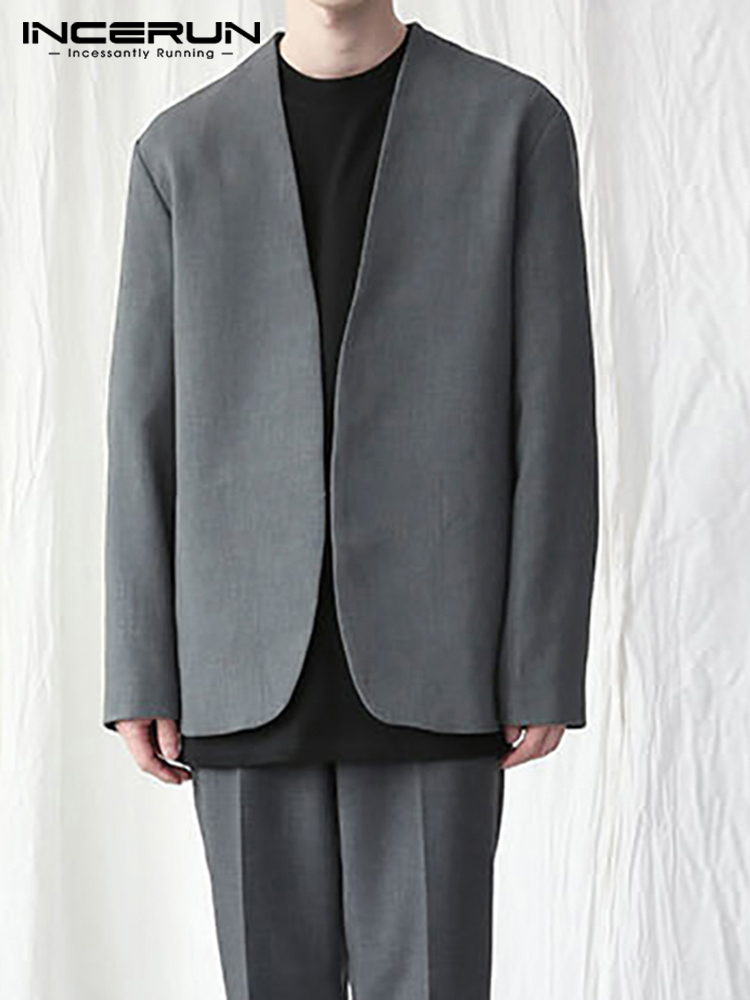 สไตล์ใหม่ผู้ชาย Blazer Leisure หลวมปุ่มชาย All-Match Simple Collarless แขนยาวชุด S-5XL INCERUN เสื้อ2023