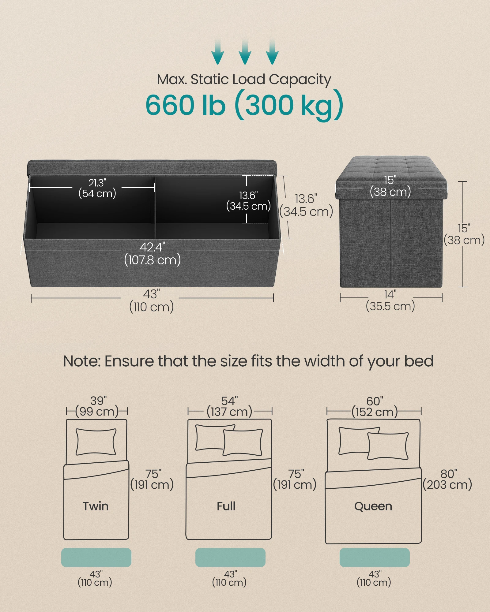 SONGMICS MAZIE Collection - 43 Inches Folding Storage Ottoman Bench, Ottoman Foot Rest, End of Bed Bench, Storage Chest