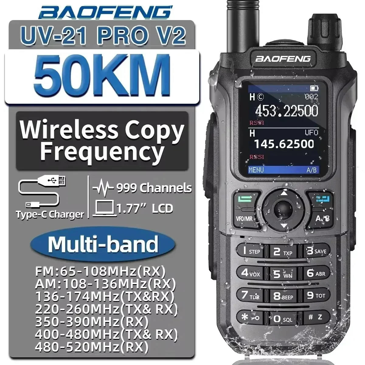 BAOFENG UV-21 pro V2 Radioaficionado bidireccional multibanda Frecuencia de copia inalámbrica Largo alcance Impermeable Tipo-C Comunicación potente