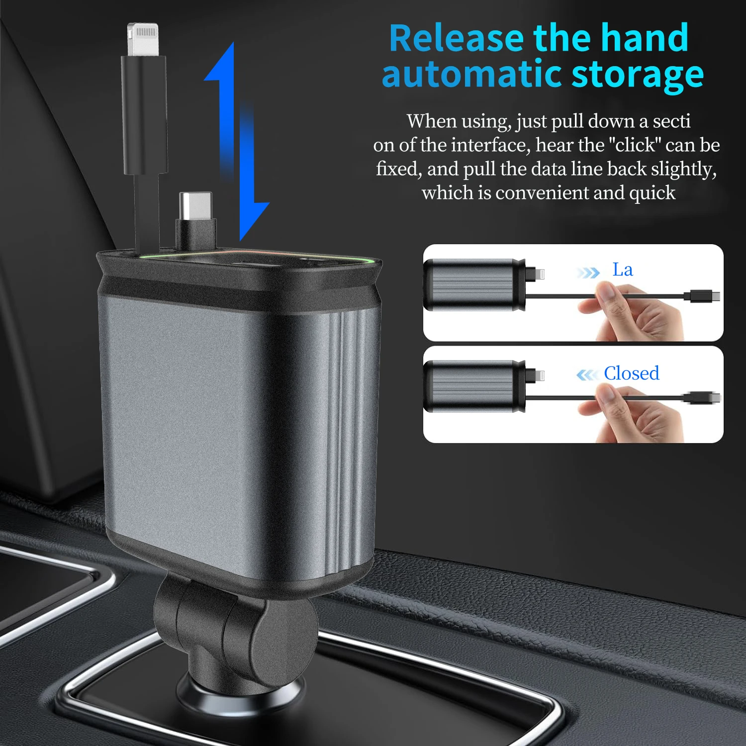 4-in-1-Autoladegerät, einziehbares Kabel, automatisches Dach, Sternenlicht, Typ C, schnelles Aufladen, Zigarettenanzünder für iPhone, Huawei, Samsung