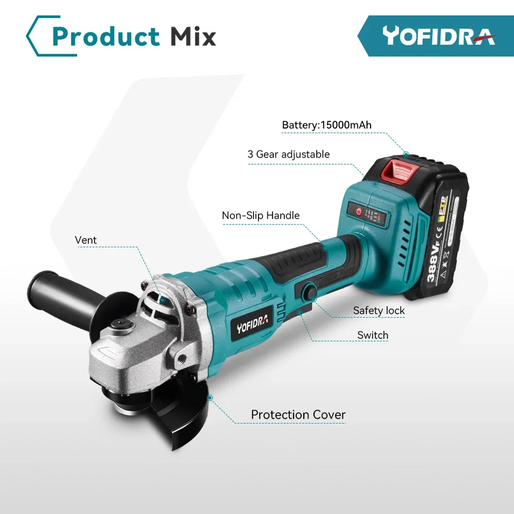 Yofidra 2500 W 100 mm bürstenloser Winkelschleifer 3 Gänge Akku-Schneiden Polieren Holzbearbeitung Elektrowerkzeug für Makita 18 V Akku