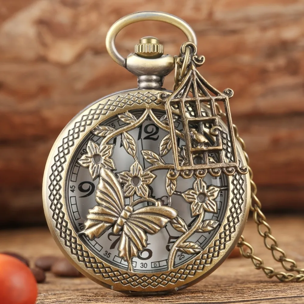 Exquisito reloj de bolsillo de cuarzo con colgante de jaula de pájaros, mariposa hueca de bronce Vintage con collar, cadena, regalo, reloj para hombres y mujeres