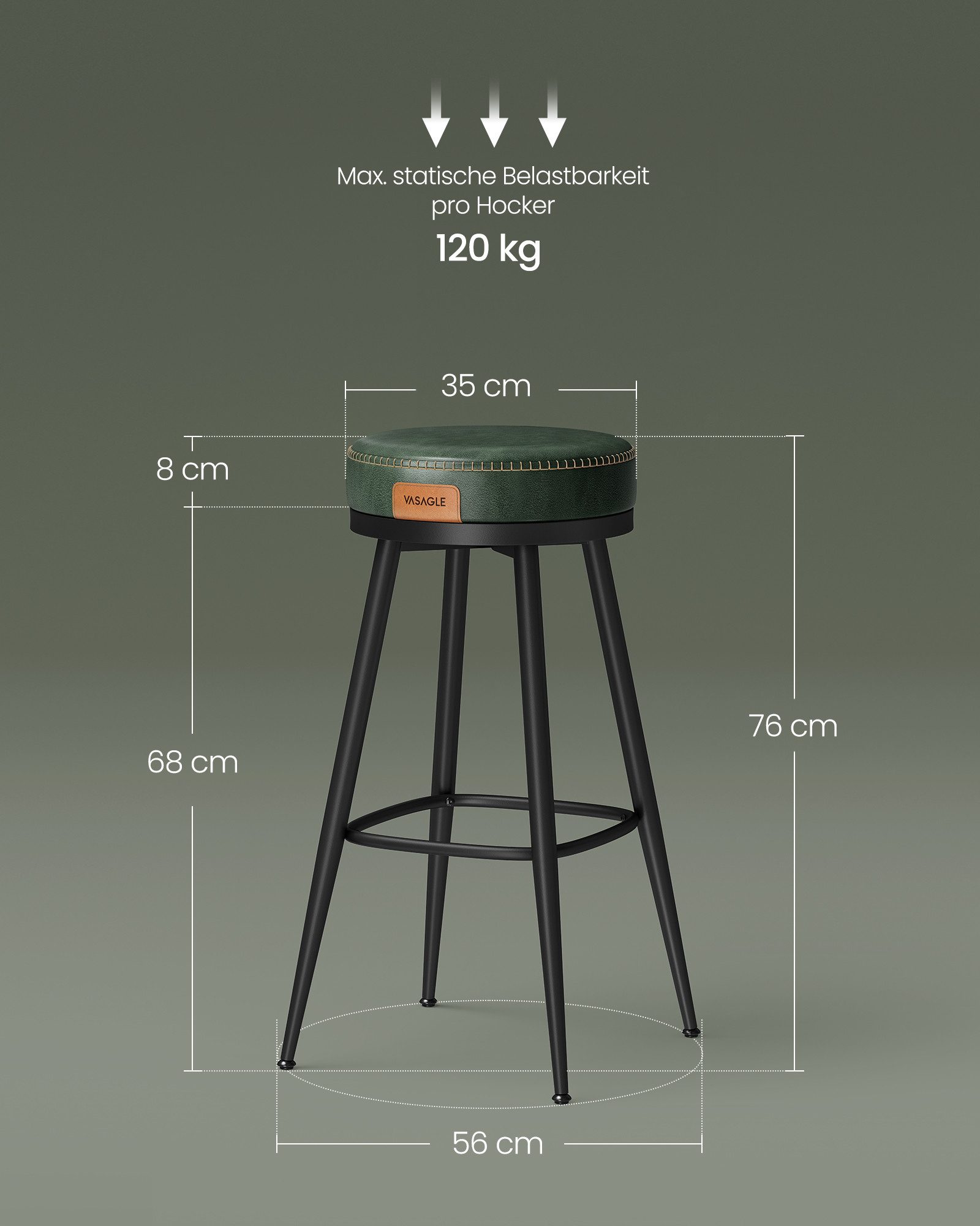 VASAGLE Barhocker (Set, 2er), drehbar, Kunstleder, 120 kg belastbar