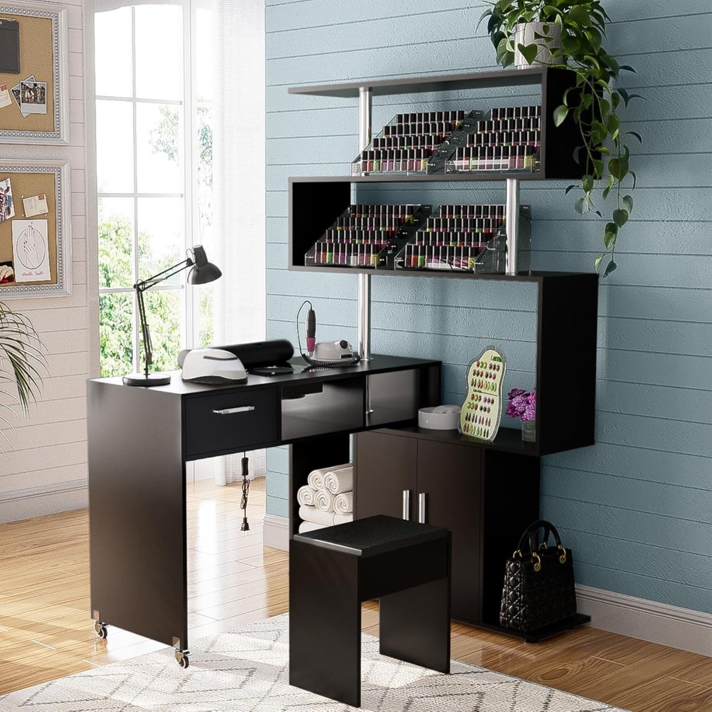 Nail Tables.Manicure Table Nail Desk with Stool, Rotating L-Shaped Nail Tech Desk with Dust Collector, Two-Way Drawer, Cabinet