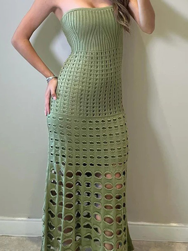 2024 sommer Aushöhlen Bandeau Kleid Sexy Frauen Bikini Abdeckung-ups Durchsichtig Maxi Kleid Dame Solide Badeanzug Strand party Kleid