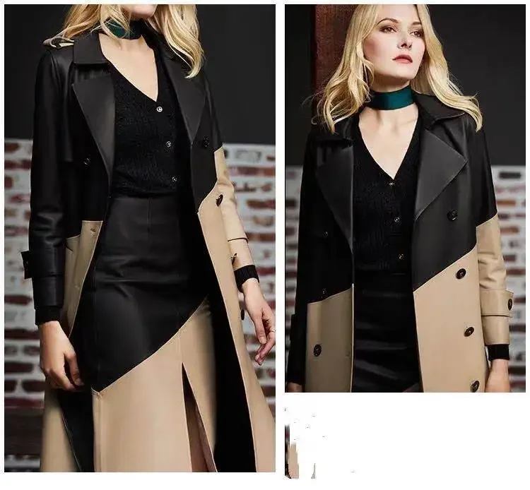 YOLANFAIRY vrouwen Echt Leren Jas Herfst Contrast Kleur Middellange Lederen Jassen Mode Riem Echte Schapenvacht Jas Vrouw