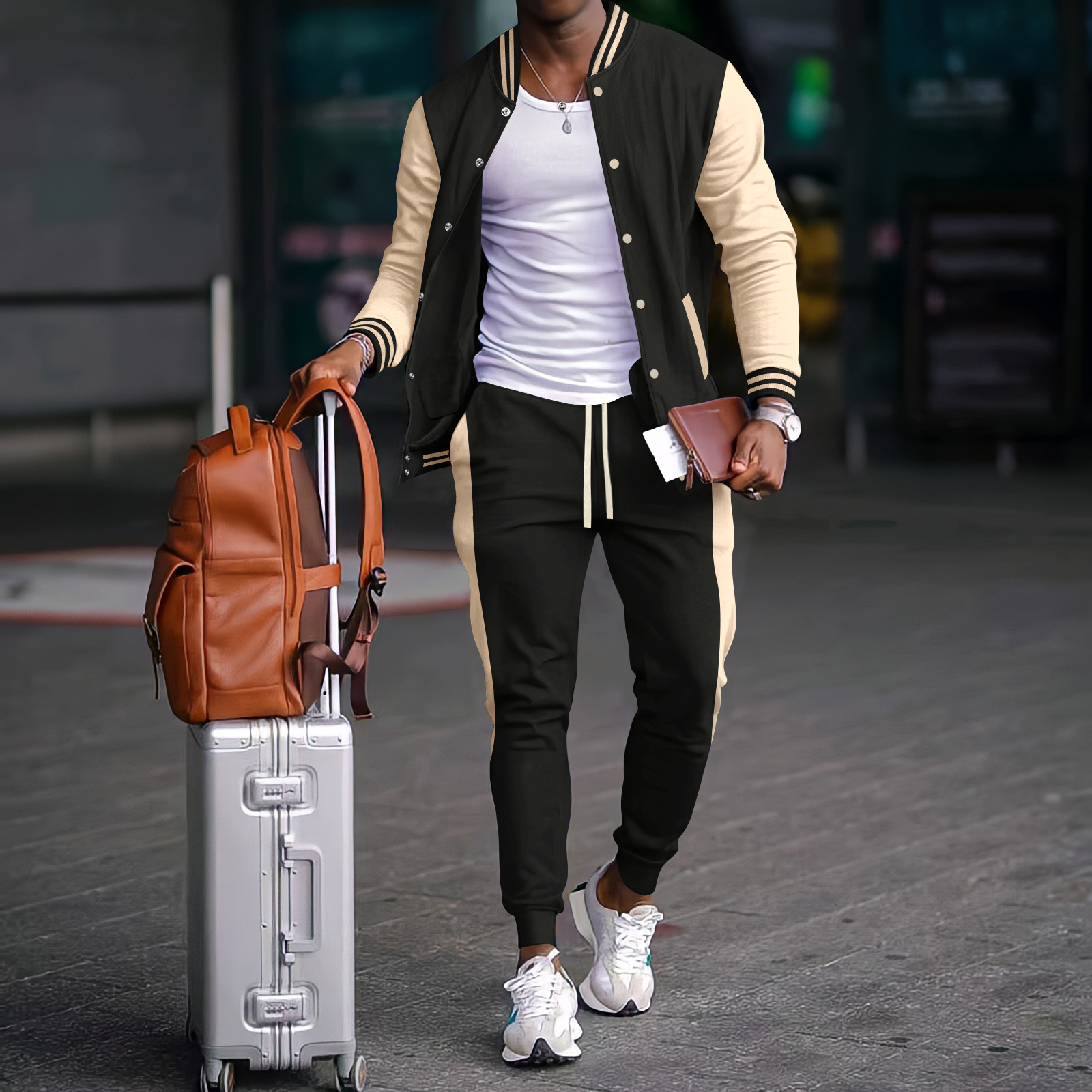 Herbst und Winter neuer dicker Baseballanzug lässiger Herren-Strickjacke mit Stehkragen, passende Farbe, Sport-Langarm-Hosenanzug