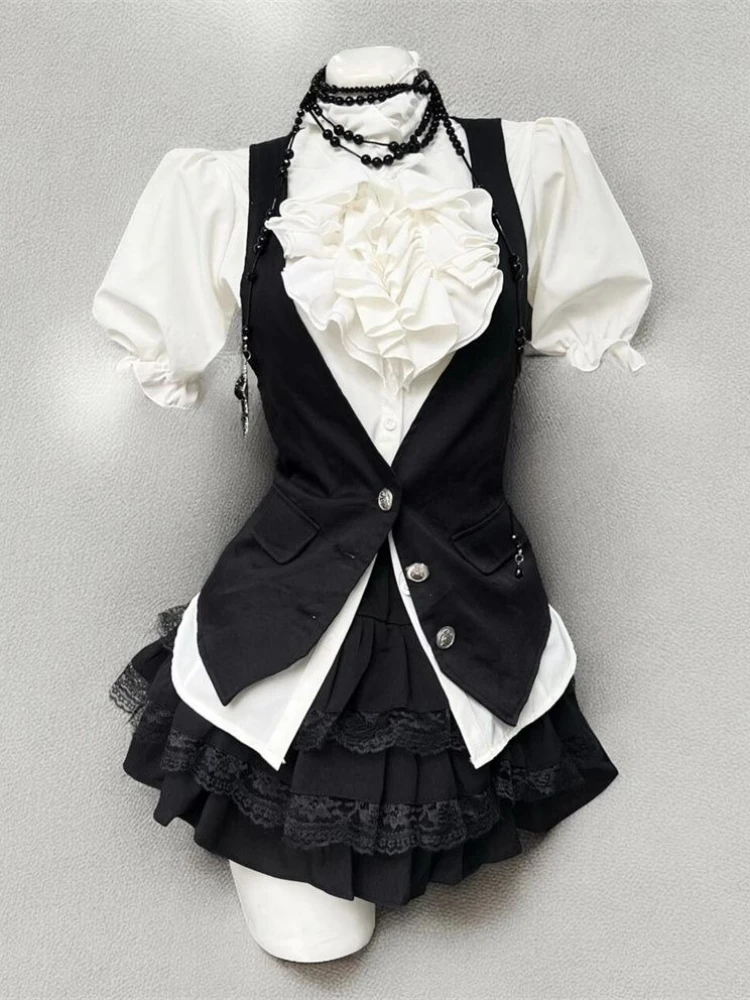 Harajuku Gothic Retro Chic Outfit Women Bubble Sleeve Shirt + Slim Vest + Short Cake Skirt New Vintage Fashion 3 Piece Suit 2025