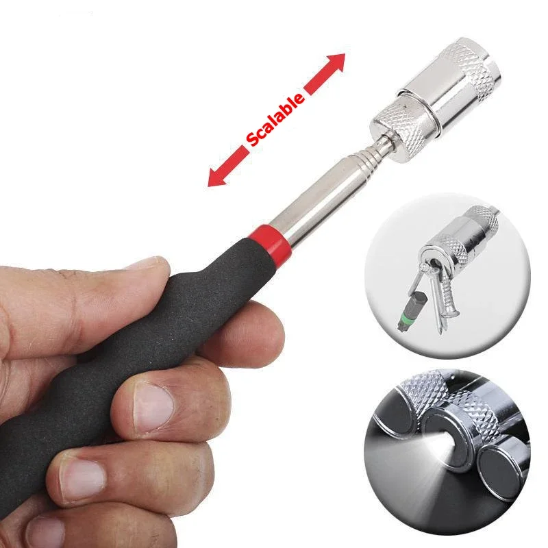 Mini bolígrafo magnético telescópico portátil, herramienta práctica con capacidad de luz para recoger pernos de tuerca, varilla de recogida de Metal extensible