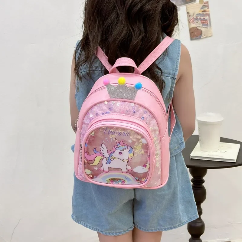 Crown Cute Cartoon Bag Glitter Mochila Bolso PU Unicornio Mochilas escolares para niños Niñas Fans (Rosa)