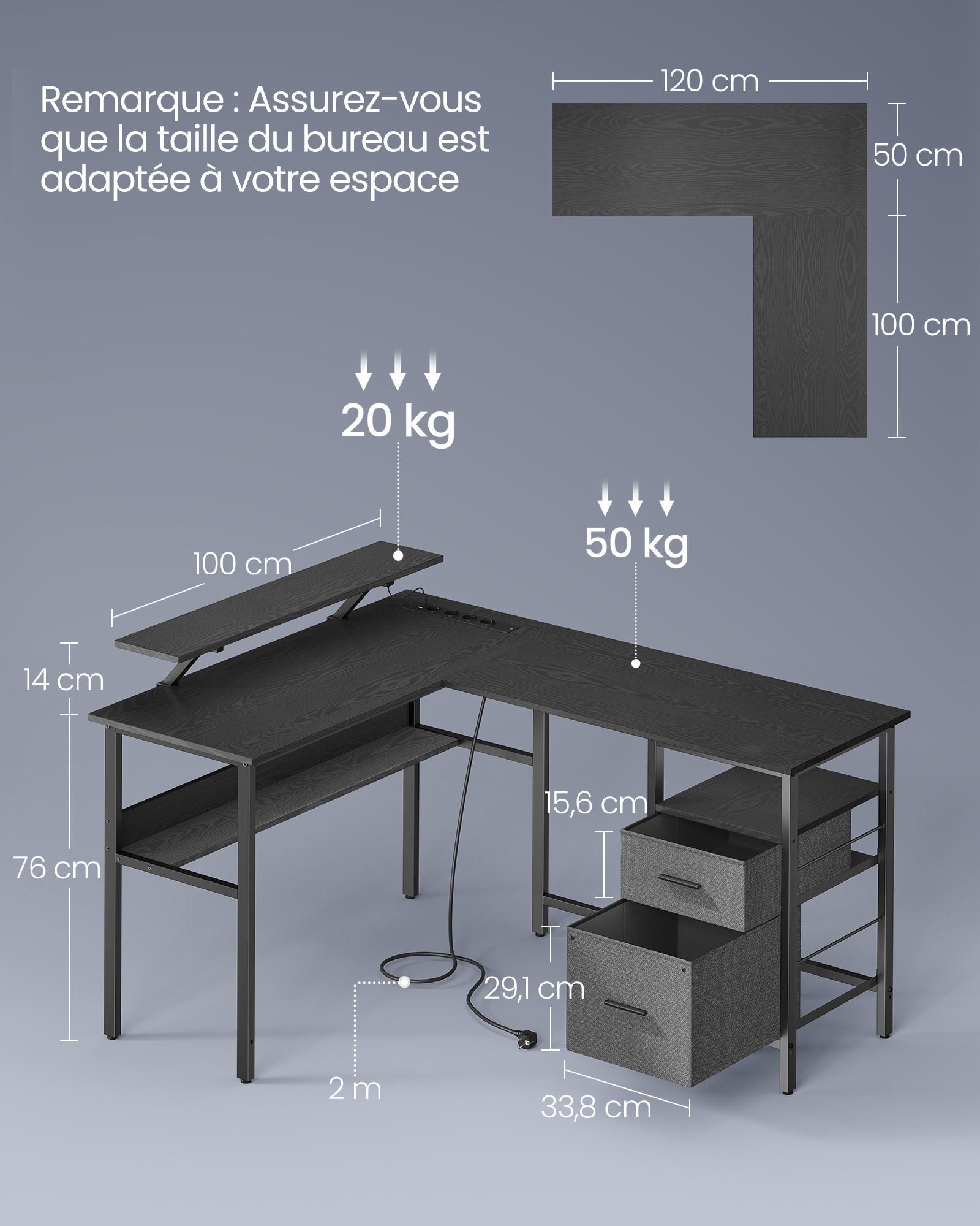 VASAGLE Bureau en L avec Multiprise, Bureau d’Angle, Bureau Informatique avec Rehausseur d’Écran, Bureau Gaming LED, 2 Tiroirs, 2 Ports USB, Facile à Monter, pour Bureau