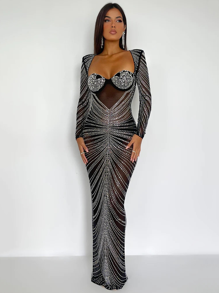 Mozision Glitter Mesh Durchsichtig Party Maxi Kleid Für Frauen Mode Volle Hülse Bodycon Sexy Club Lange Abendkleid Vestido