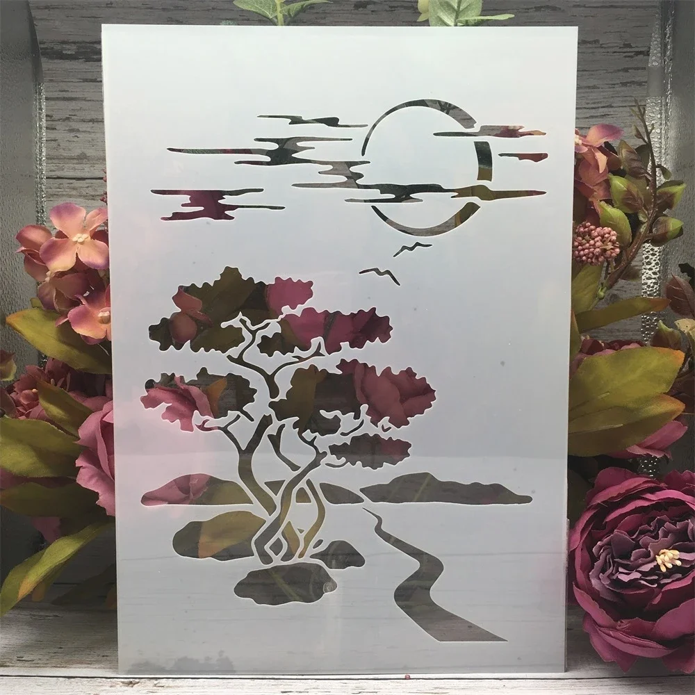 Plantillas de capas para pintar en la pared, plantilla decorativa para colorear en relieve, álbum de recortes, A4, 29cm, Moon Road, Tree Night