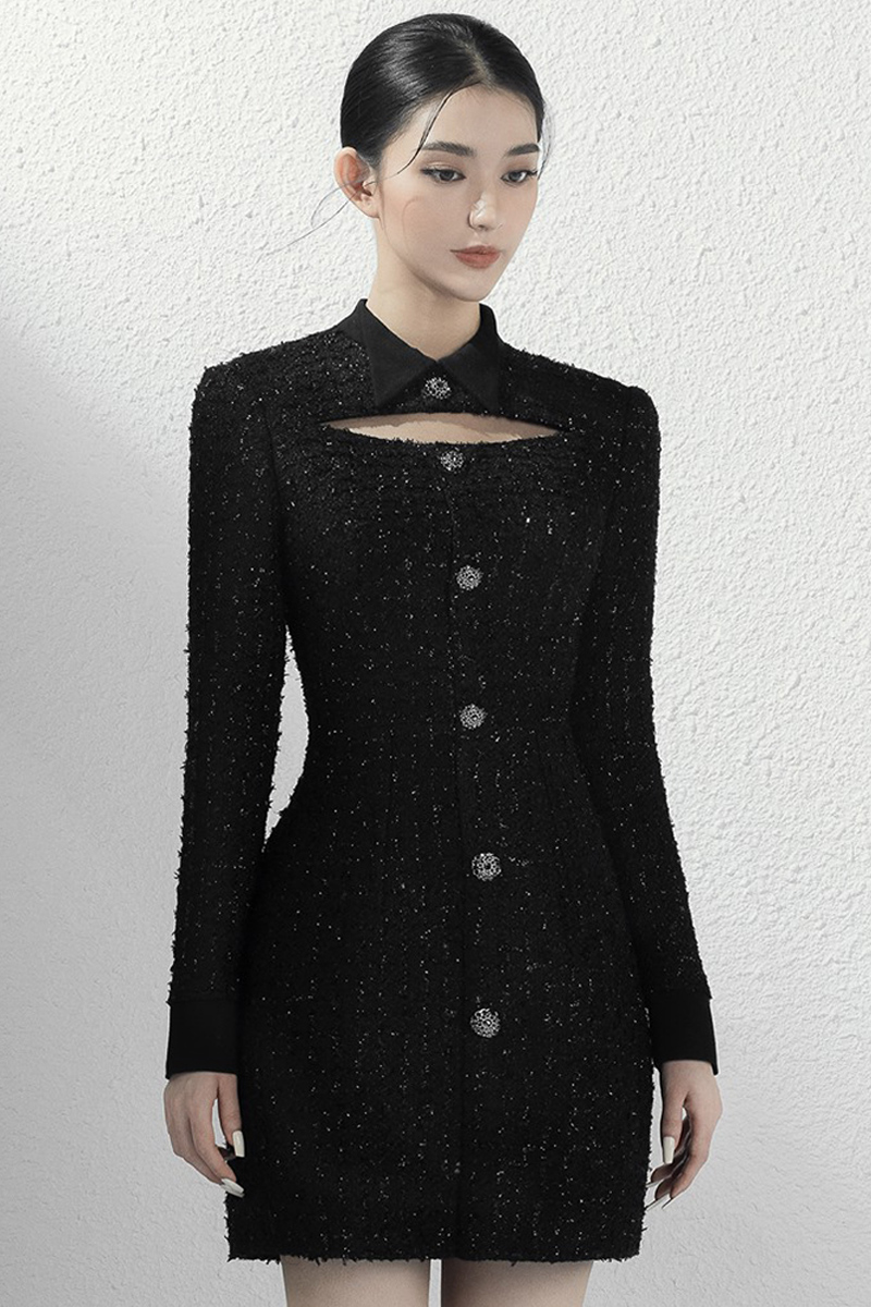 Alfaiate pequeno vestido preto luz feminina vestido de luxo vestidos semi-formais vestido de princesa buraco de fechadura preta tweed vestido