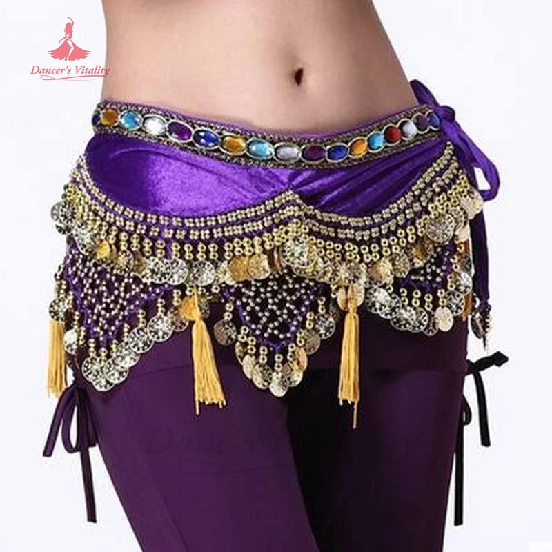 สไตล์ใหม่ Belly Dance เครื่องแต่งกายกํามะหยี่โคมไฟเหรียญทอง Belly Dance ผ้าพันคอสะโพกสําหรับผู้หญิง Belly เต้นรําเข็มขัด