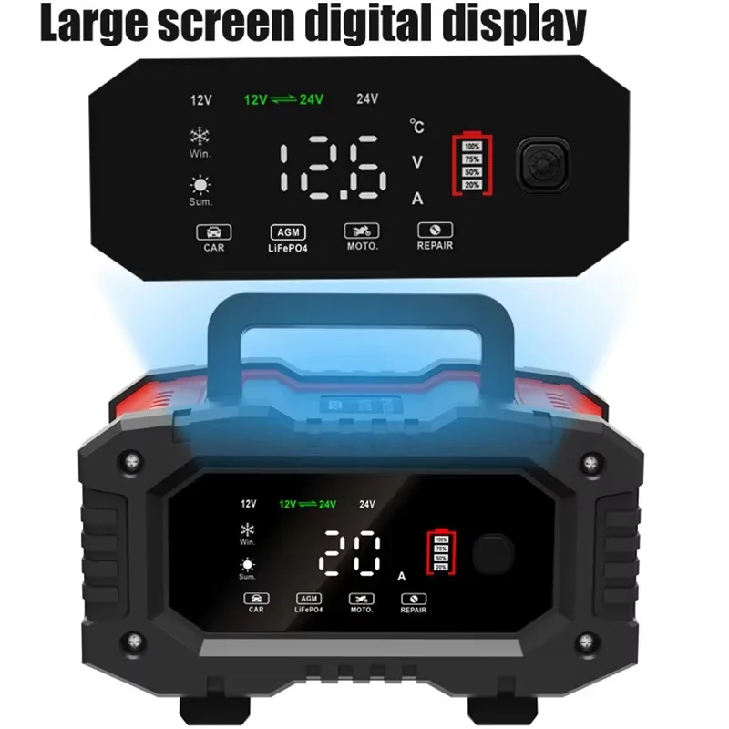 20A/10A Auto-acculader 12V/24V Volautomatische oplader Groot scherm Lithium Agm Gel Loodzuur Lifepo4 Acculaders
