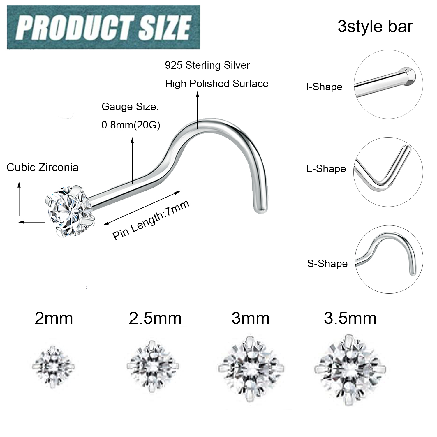 ZS 1PC 18/20G 925 เงินสเตอร์ลิงสตั๊ดจมูกทองสีคริสตัลเจาะจมูกสกรู L-Shape Retainer เจาะจมูก 2-3.5 มม.