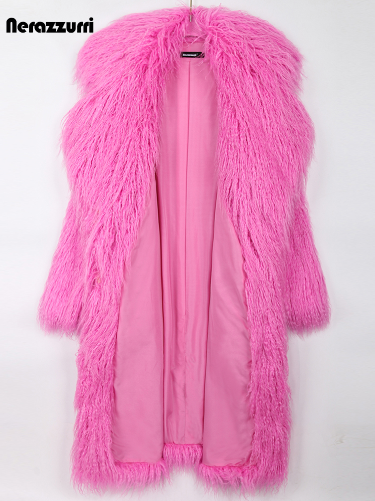 Nerazzurri Winter Lange Helle Rosa Übergroßen Shaggy Haarigen Weichen, Flauschigen Dicke Warme Faux Pelzmantel Frauen Revers Runway Nette Mode