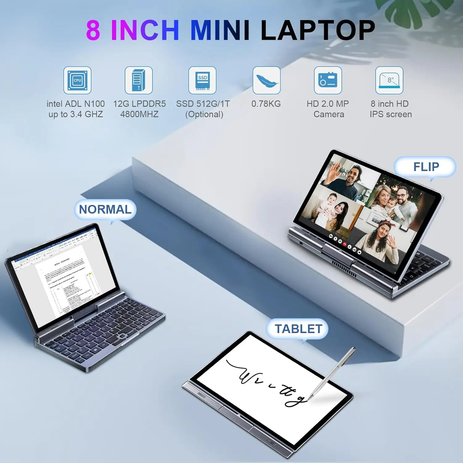 Mini laptop portatile Windows 11 Touch Screen da 8 pollici Notebook N150 12 GB + 1 TB IPS Netbook Win 11 Pro Mini PC Micro computer