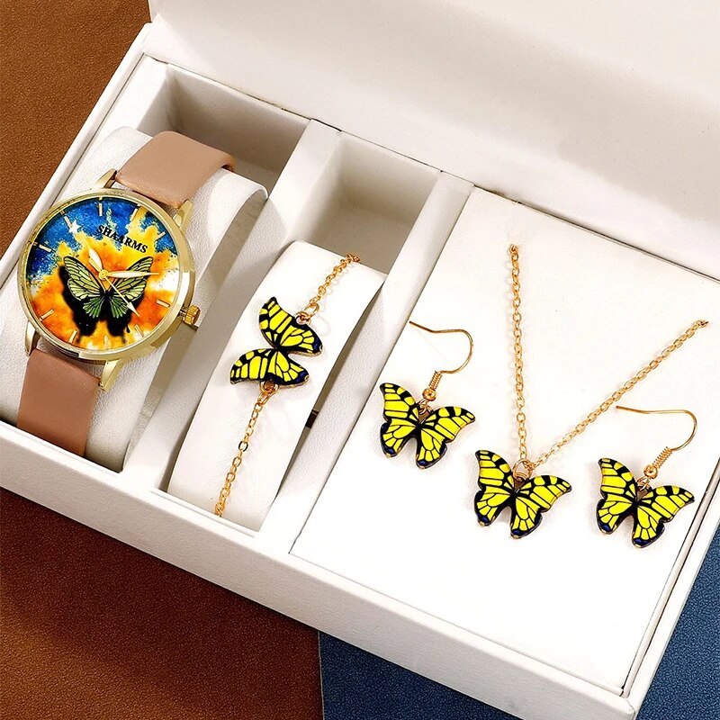 Conjunto de relógio de pulso de quartzo feminino, relógio feminino, rosa, borboleta vermelha, design de marca de luxo, relógios simples para senhoras, moda, 5 peças