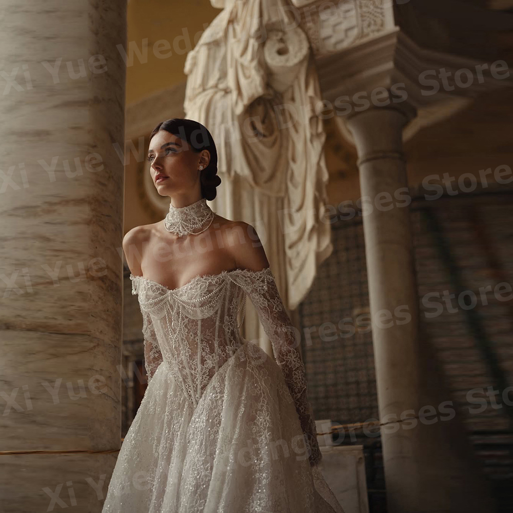 Sparkling A Line Women's Wedding Dresses Long Sleeve Lace Appliques Robe De Mariage Bride Gowns Customized Off Shoulder Vestido