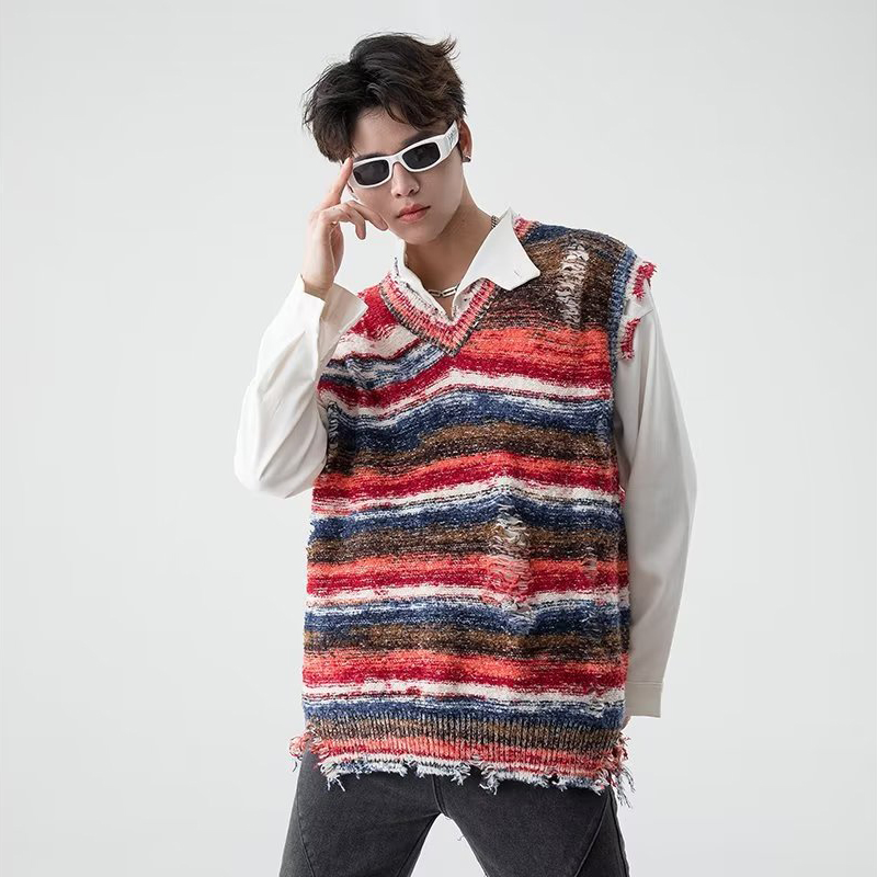 Vintage gradiente listra baggy camisola de malha colete lavado rasgado vermelho camisola regata y2k tie tingimento com decote em v sem mangas malhas