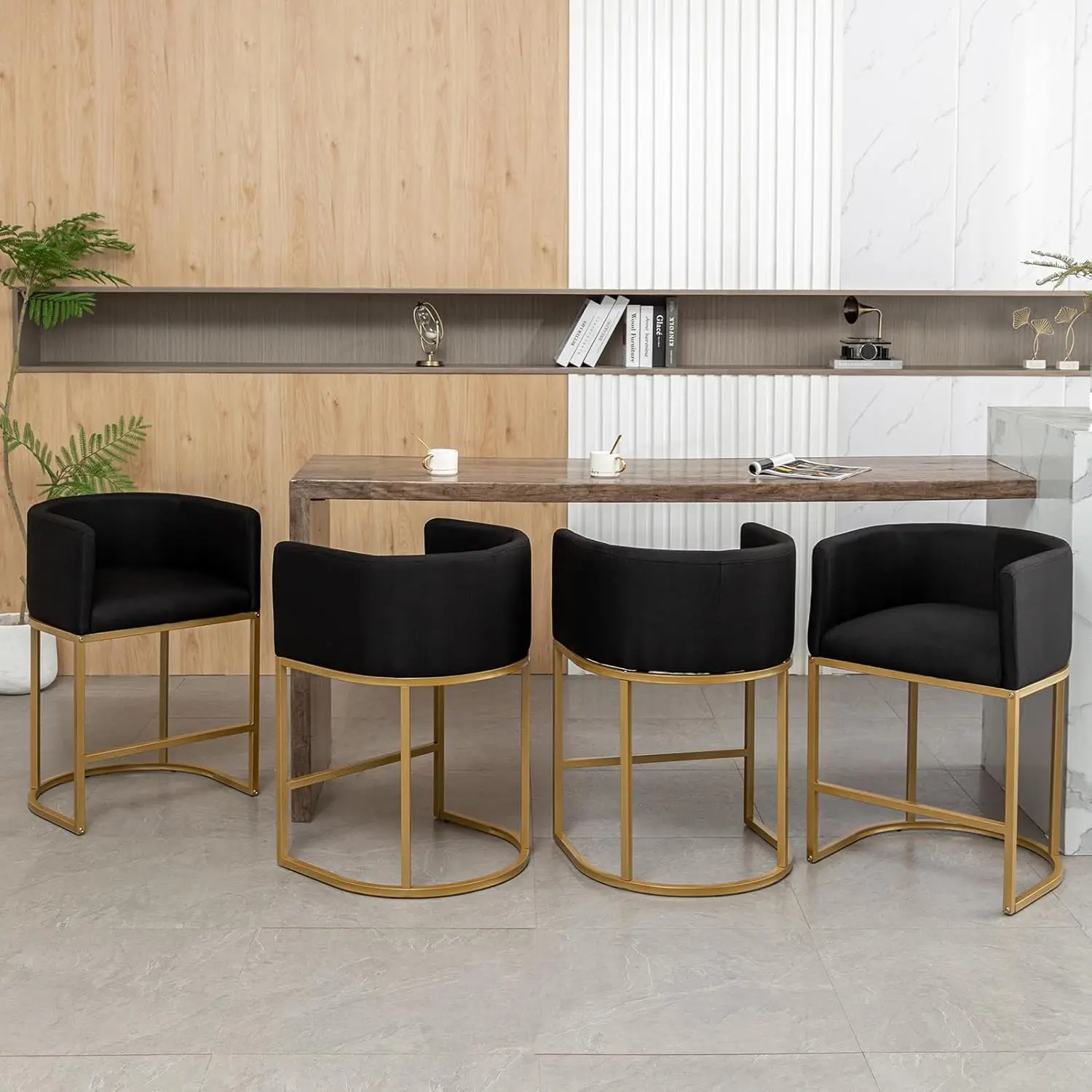 25" Gold Bar Stools Set of 4, Modern Barrel Bar Stool with Back, Counter Height Bar Stools for Kitchen Island, Pub, Club (Black)