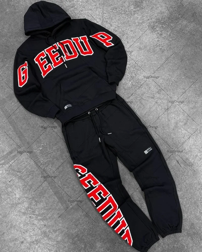 High Street Trendy Roter Buchstabe Lässige Lose Männer Set 2025, Neue Retro Harajuku Kleidung Straße Hip Hop Mode Punk Übergroßen Hoodie