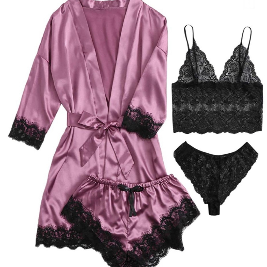 European and American women's pajamas underwear 4-piece set Lei suspender pajamas women's summer set nightgown nightgown