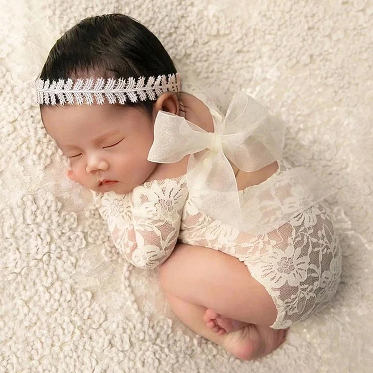 Ylsteed 2 częściowy zestaw noworodka koronkowy kombinezon niemowlęcy stroje fotograficzne z pasującą opaską Baby Girl sesja zdjęciowa rekwizyty