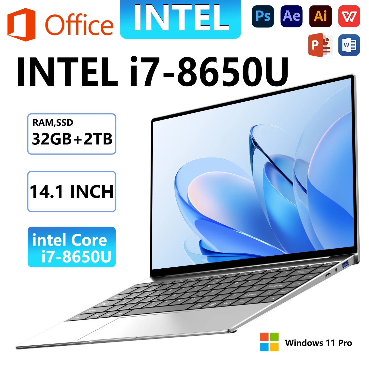 2025 nouveau 14.1 pouces ordinateur Portable 32Gb 2Tb ordinateur de jeu Pc Intel Core I7 8650U Gamer bureau ordinateur Portable 1920*1080 Windows 11 Pro